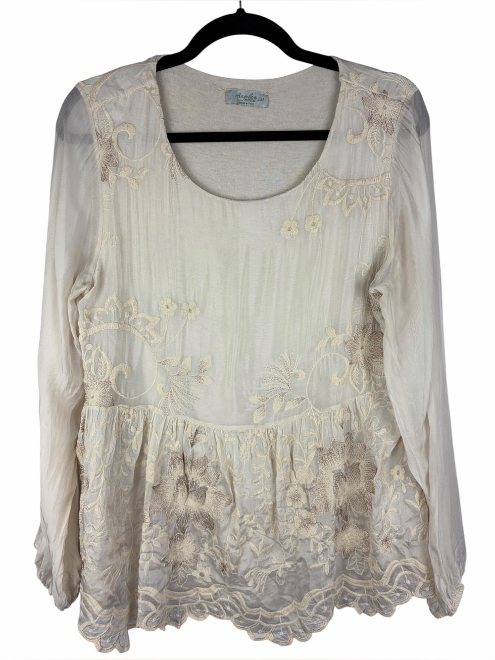 Angela Moda Italy Silk Embroidered Floral Boho Blouse Tunic Medium